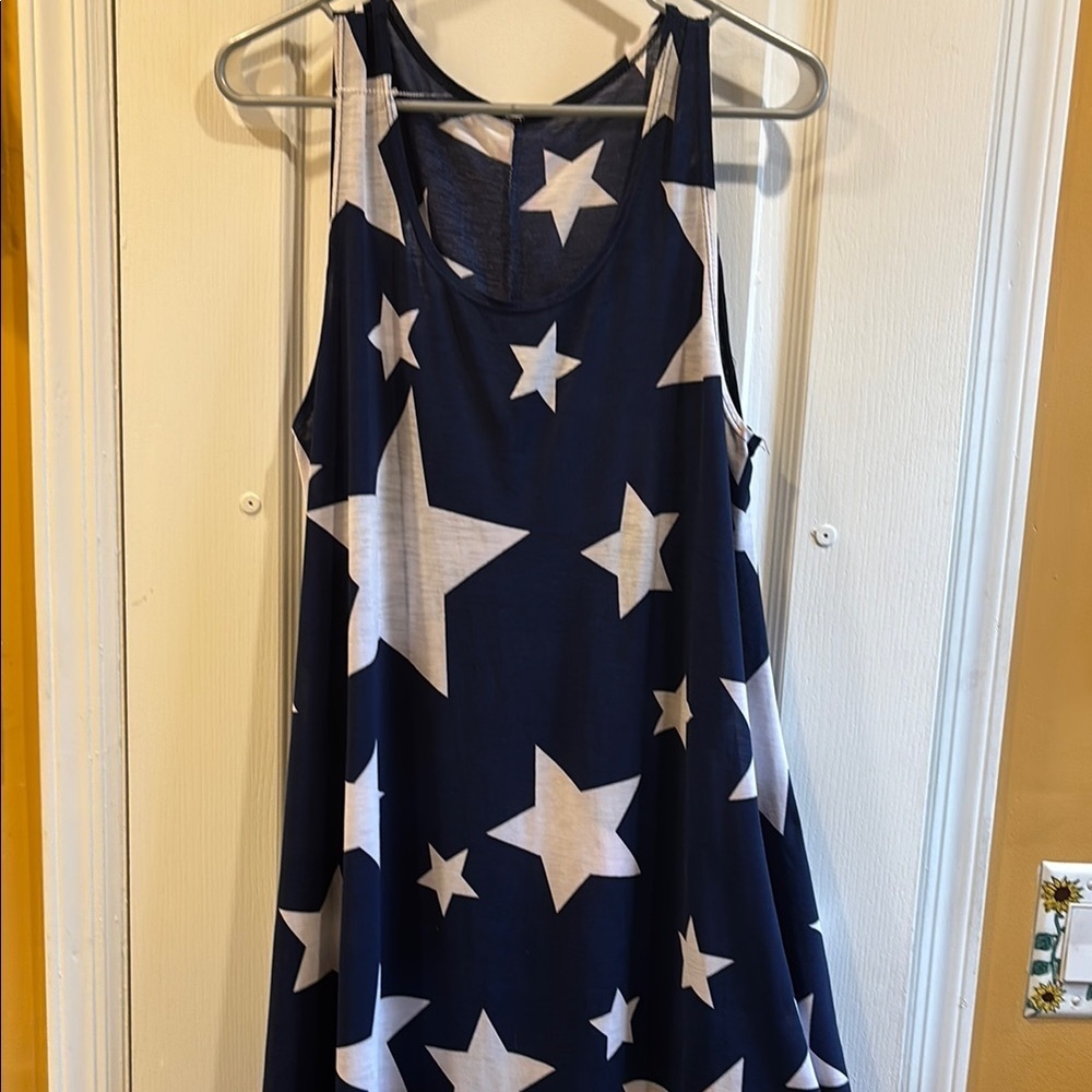 NAVY BLUE DRESS WITH WHITE STAR DESIGN HAS 2 POCKETS  TANK STYLE A LINE NO TAGS